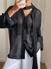 Livesso 女士宽松系带长袖薄款休闲夏季衬衫、秋装