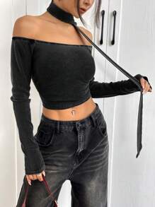 SHEIN EZwear Women's Off-Shoulder Distressed Acid-Washed T-Shirt With Scarf - Black - View 7