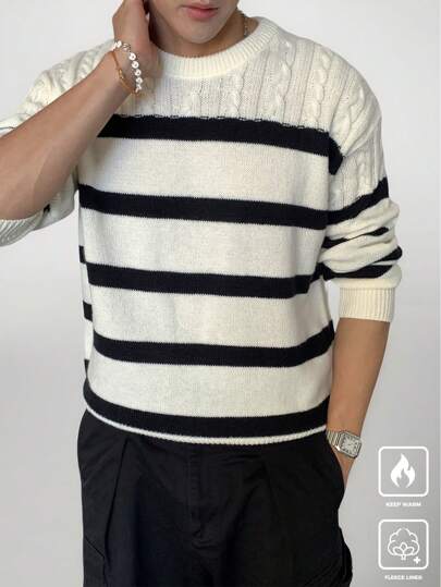 Manfinity CasualKnits 男士条纹圆领长袖宽松休闲毛衣，秋冬