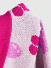 ROMWE Kawaii Cárdigan colorblock ligero con estampado de cerezas lindo y cuello en V casual para mujeres, estilo vintage de San Valentín