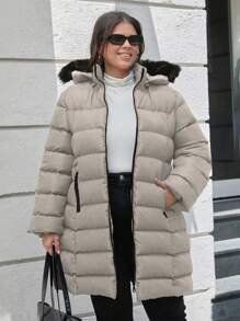 RueChic Plus Size Women's Fake Fur Hooded Puffer Winter Coat With Zipper Mid-Length - Mocha Brown - View 1