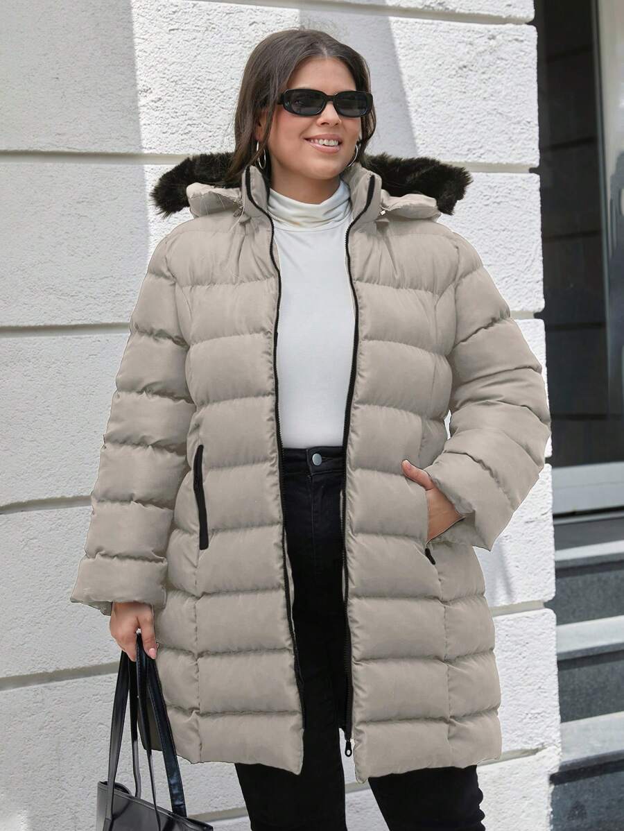 RueChic Plus Size Women's Fake Fur Hooded Puffer Winter Coat With Zipper Mid-Length - Mocha Brown - View 1