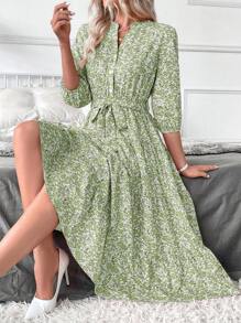 SHEIN Clasi 女式长款碎花立领休闲连衣裙 - 綠色 - 查看 6