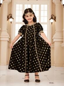 Young Girls' Abaya Kaftan Jalabiya Tunic, Elegant & Arabic Ramadan Festival Dress With Glitter Polka Dots, Tassels Headscarf, Floor-Length Dress - Multicolor - View 7