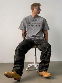 DAZY 男士基本款字母印花圆领短袖休闲T恤、图案T恤 - 綠色 - 查看 5