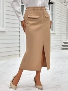 INAWLY Jupe grande taille kaki fendue devant pour le bureau/le travail, style décontracté - Kaki - Voir 4