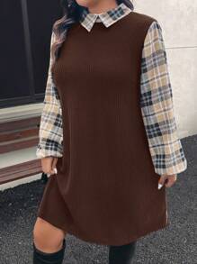 SHEIN LUNE Vestido casual suelto de talla grande con mangas de linterna, parche de estampado de leopardo y costillas para mujer, vestido de fiesta de vacaciones de otoño, vestido de talla grande