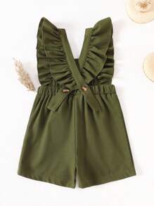 Infant & Baby Girl Casual Fashion Ruffle Trim Sleeveless Romper, Suitable For Summer & Vacation - Green - View 2