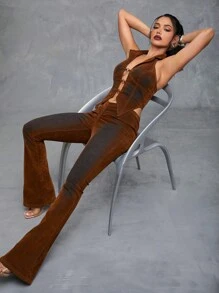 Denimoi Seksowne aksamitne spodnie jeansowe z rozszerzanymi nogawkami i efektem V - Brązowy - Zobacz 3