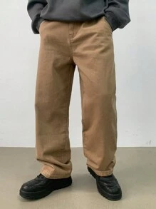 DAZY 男士卡其色直筒宽松休闲牛仔裤，带口袋，适合秋季