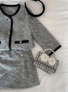 DAZY 2 Pieces Set: Young Girl Single-Breasted Woven Long Sleeve Jacket + Mini Skirt, Spring/Summer Fall,Winter - Black and White - View 5