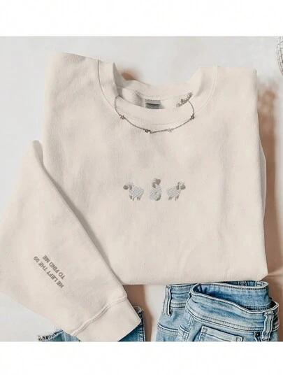 INAWLY 迷羊刺绣圆领保暖卫衣，适合毕业、返校、教师等场合，女士返校套头衫秋季卫衣