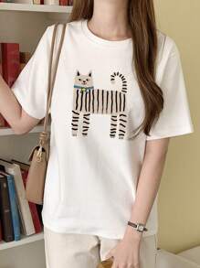 DAZY 女士圆领可爱猫咪印花短袖白色T恤，春夏图案T恤，教师款 - 白色 - 查看 3