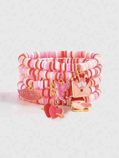 Kawaii 5pcs/Set Cute Pink Soft Clay Valentine's Day Bracelets, Handmade Stretchy Charm Bracelets With Y2K Style Angel Heart Pendant, Gift For Friends And Holidays
