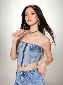 SHEIN EZwear 女士紧身弹力短款蓝色牛仔衬衫 - 中等水洗藍 - 查看 7