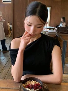 DAZY T-shirt femme à épaules dénudées, couleur unie, manches courtes, pour le printemps/été, noir