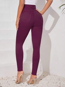 Chiquease Women's Solid Color Front Button Pocket Simple High Waist Casual Pants - Red Violet - View 2