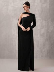 SHEIN Belle Women's Solid Color Asymmetrical Neck Long Sleeve Maxi Elegant Evening Gown, Black Formal Dress, Wedding Guest Dress, Party Dress