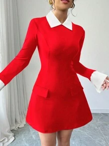 Elenzga 冬季女士撞色领长袖仿口袋优雅短款连衣裙