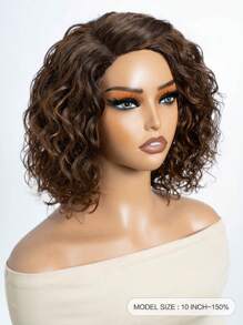 短卷发蕾丝假发 人发混合棕色侧分水波波头蕾丝前假发 10 英寸无胶可戴可戴波波头假发