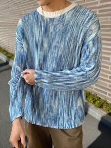 Manfinity CasualKnits Men's Solid Color Patchwork Round Neck Long Sleeve Casual Knitted Sweater