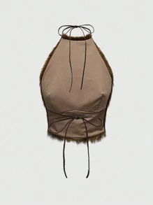 ROMWE Grunge Punk Y2K Sexy Faux Fur Crop Top With Stand Collar & Backless Design For Women