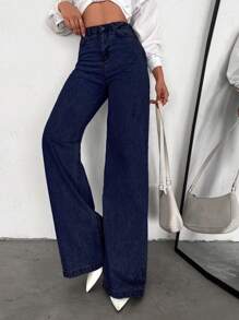 SHEIN Tall 100%Cotton HIGH WAIST WIDE LEG LONG HEM TALL JEAN - Dark Wash - View 3