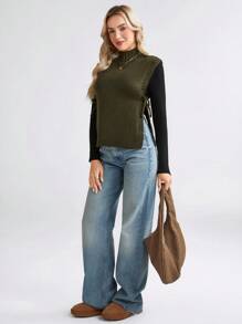 SHEIN LUNE Solid Color Turtleneck Sleeveless Tie-Up Simple Casual Knit Top In Fall/Winter - Army Green - View 4