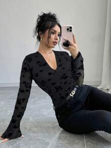 SHEIN Privé Ladies New Black Flocked V-Neck Ruffle Sleeve Slim Fit T-Shirt Top, Long Sleeve Top, Women's Going Out Top, Elegant Black Top, V-Neck Top, Mesh Top, Elegant / Commuting / Casual / Business / Vacation / Date Night / Sexy