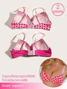 DesireSculpt 2pcs/Set Women's Fashion Heart Print Underwire Lingerie Bra Set