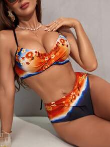 Swim Lushoire 女士花卉印花性感比基尼两件套泳衣，适合海滩度假、夏季度假 - 彩色 - 查看 3