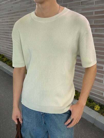 Manfinity CasualKnits Men's Solid Color Round Neck Short Sleeve Casual Knit Sweater, Autumn/Winter