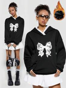 SHEIN EZwear 女士休闲蝴蝶结图案撞色蕾丝宽松运动衫连帽衫 - 黑色 - 查看 2