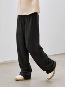 SHEIN Tween Girls' Casual Minimalist Daily Sports & Home Elastic Waist Solid Color Loose Fit Thermal Lined Wide Leg Pants For Autumn/Winter - Black - View 5