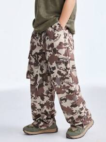 SHEIN Tween Boys Spring/Summer Streetwear Cargo Camo Khaki Wide Leg Sweatpants - Khaki - View 1