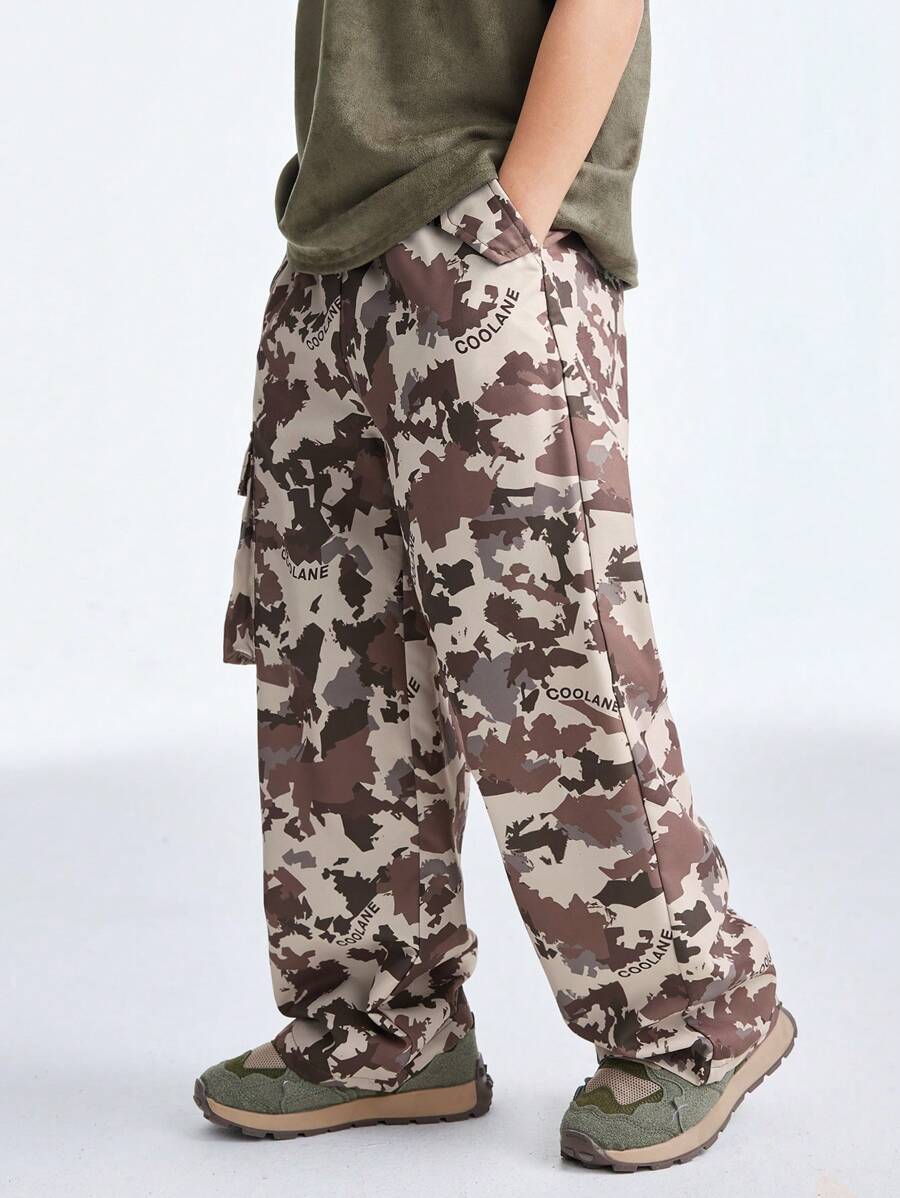 SHEIN Tween Boys Spring/Summer Streetwear Cargo Camo Khaki Wide Leg Sweatpants - Khaki - View 1