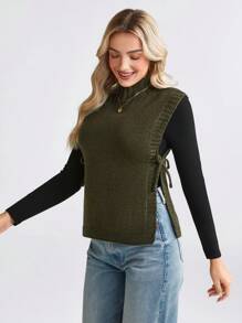SHEIN LUNE Solid Color Turtleneck Sleeveless Tie-Up Simple Casual Knit Top In Fall/Winter - Army Green - View 6