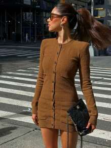 INAWLY Vestido de punto ajustado con botones delanteros de unicolor, diseño casual y minimalista, apto para otoño/invierno