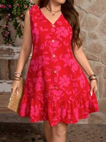 SHEIN LUNE 大码花卉印花无袖休闲度假连衣裙情人节/女士连衣裙/女士度假装/女士夏季装太阳裙 - 酒紅色 - 查看 8