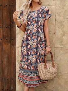 EMERY ROSE Women's Casual Straight Midi Dress With Plant Print And Bat Sleeves, Vacation Wear