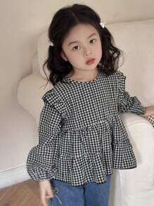 DAZY 女童圆领格子长袖梭织衬衫（儿童尺码） - 黑與白 - 查看 6