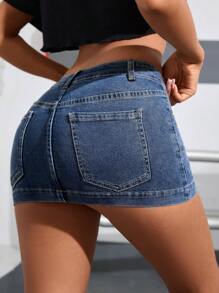 SHEIN PETITE Women's Front Button Pocket Casual Denim A-Line Skirt - Dark Wash - View 2