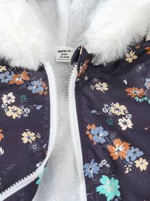 Baby Girl Autumn/Winter Warm Thermal Lined Hooded Outerwear With Ditsy Floral Pattern, Suitable For Outdoor Black Jacket - Multicolor - View 4