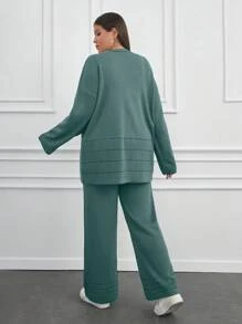 RueChic Pull oversize femme avec décolleté rond et pantalon évasé. Ensemble 2 pièces pour l'hiver - Vert - Voir 2