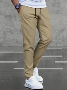 Manfinity Homme Men's Solid Color Casual Simple Fashion Trousers, Daily Wear, Fall - Khaki - View 7