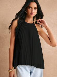 Poéselle Solid Pleated Halter Top - Black - View 7
