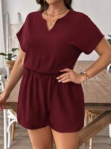 SHEIN LUNE 大码纯色 V 领短袖口袋连体裤，休闲简约 - 酒紅色 - 查看 6