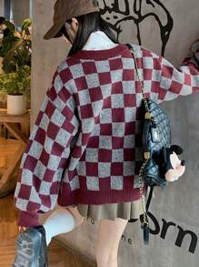 DAZY Checkerboard Pattern Women's Casual Cardigan,Fall Clothes - Burgundy - View 6