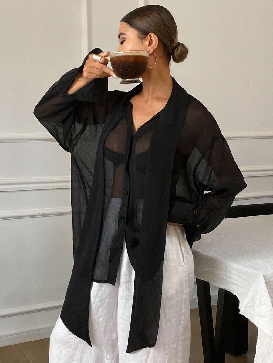 Livesso 女士宽松系带长袖薄款休闲夏季衬衫、秋装