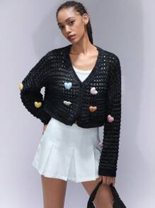 Aveloria Affinna Cárdigan corto casual de estilo estadounidense y romántico con corazón hueco 3D negro para mujeres